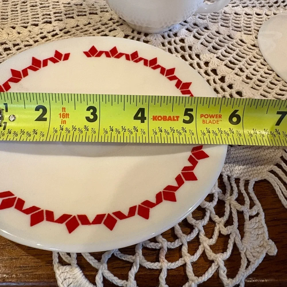 Vintage Shenango China cup and saucer set with a red diamond pattern